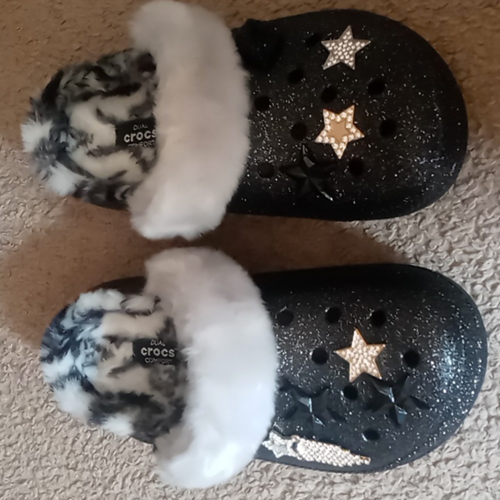 Crocs Disco Black Glitter Lined Starry Fur Rhinestone Stars Lips